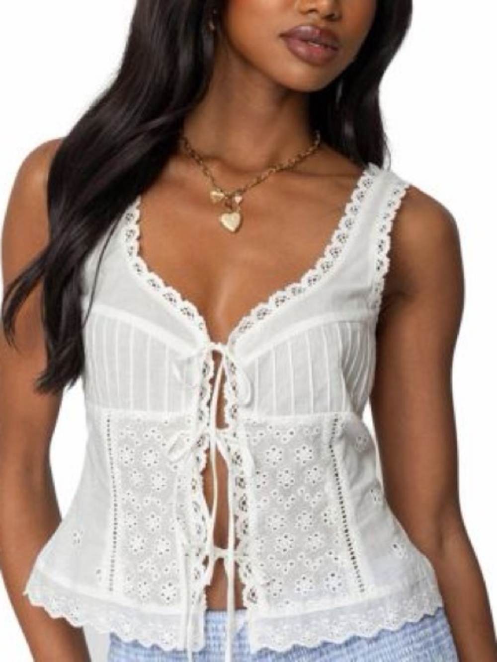 Edikted White Lace Tie-Front Tank Top